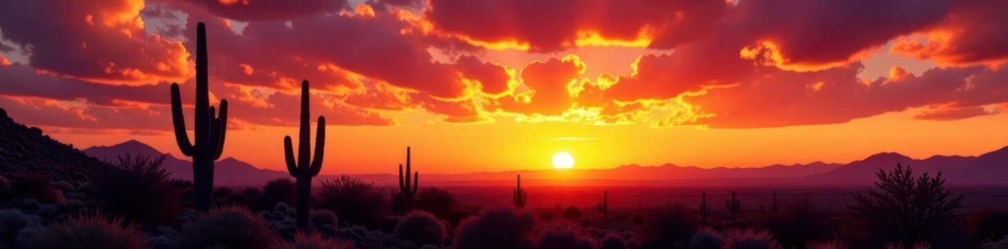 Majestic saguaro silhouetted against fiery sunset sky, evening, background