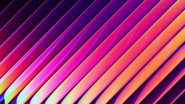 Abstract colorful gradient refraction through ribbed glass geometry. Flowing rainbow iridescent colors bend and slide along diagonal grooves creating dynamic optical illusion. Seamless loop. 4K video