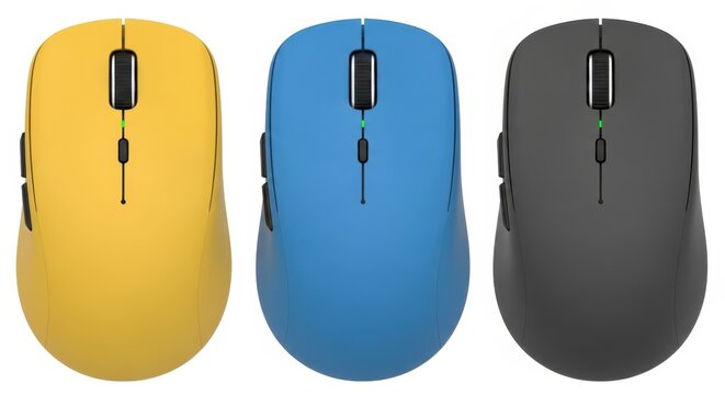 Three colorful wireless computer mice