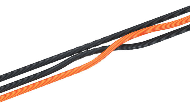 Interwoven orange and anthracite grey flexible corrugated pipes. Dynamic S-curve bundle of electrical conduits for modern infrastructure projects. High-quality 3D render isolated on transparent.