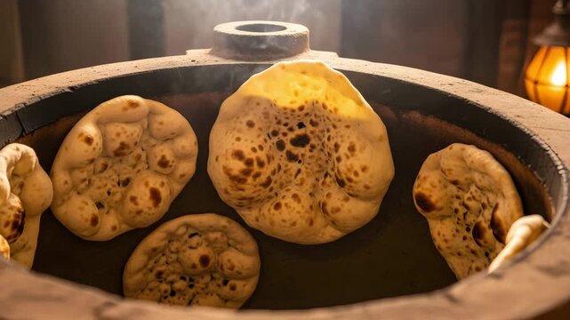 Traditional flat breads baking in clay oven, close-up with steam 4K Ai HD high quality video.