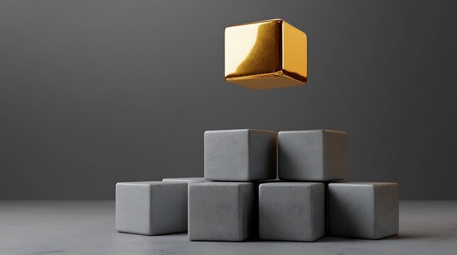 Minimal gray cube stack with one floating gold cube, abstract concept of growth, investment value and premium positioning in modern business