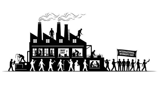 Industrial protest, factory workers strike, labor union demonstration, black silhouette icons