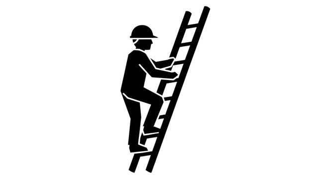 Black silhouette worker climbing ladder, industrial icon, construction worker, safety gear