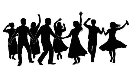 Fototapeta premium Black silhouette people dancing, party crowd, social gathering, vector icons isolated on White Background
