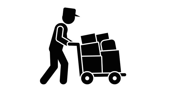 Delivery man, worker pushing cart, boxes, logistics icon, transportation symbol