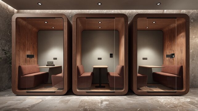 Empty work booths in a modern office space during quiet hours in a city setting