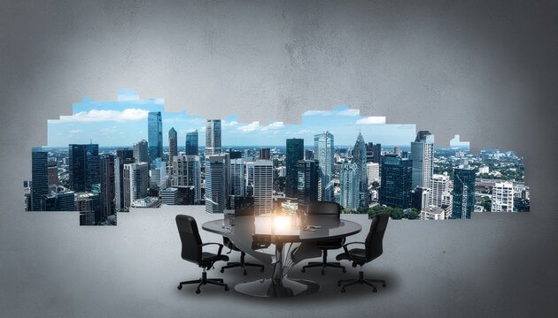Table de r&eacute;union avec chaises et skyline de ville moderne en surimpression
