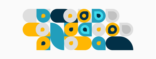 Fototapeta premium Abstract geometric shapes, circles, squares, rectangles. Blue, yellow, gray colors dominate composition. Minimalist design, modern aesthetic.