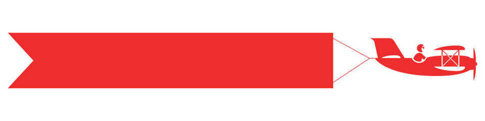 Stylized red banner in a pennant shape featuring a red biplane with visible pilot in the cockpit. Includes empty copy space for advertising or text. Clean vector design. Big red empty banner. © Ivan Burchak