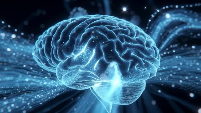 A glowing human brain shown in digital style on a dark abstract background, concept of intelligence and neural activity