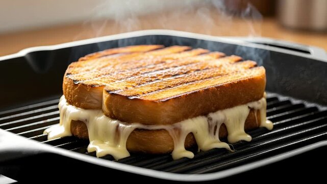 Grilled cheese sandwich cooking on hot griddle with melting cheese 4K Ai HD high quality video.