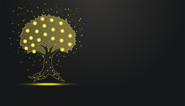 Low poly wireframe golden money tree with coins on dark background.
