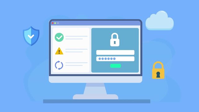 Animated screen displaying a secure cloud system dashboard with lock icon, warning indicator, and process elements, representing AI protection, data safety, and modern digital interface.