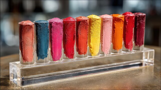 Lipstick swatches on acrylic makeup stand