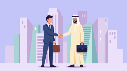 Two diverse businessmen shaking hands against a modern city skyline © Zigmate