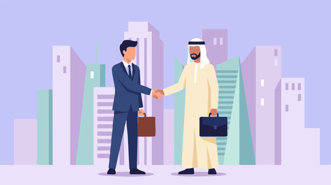 Two diverse businessmen shaking hands against a modern city skyline