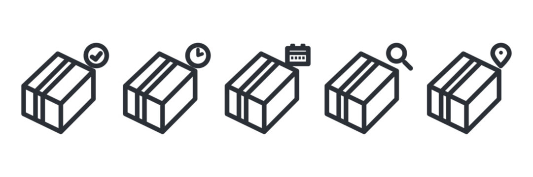 発送済み・発送準備中・入荷予定・追跡・配送先を表す配送箱アイコン5種セットの線画素材