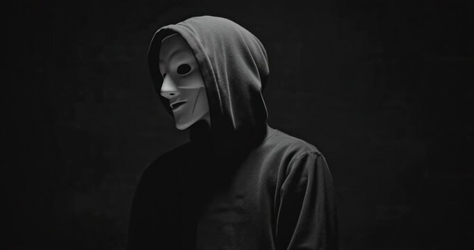 Video of a man in mask wearing a hoodie opening eyes and giving a creepy look at the looker in isolated dark background