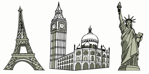 Monochromatic collection of world famous landmarks: eiffel tower big ben taj mahal statue of liberty with travel destination cultural heritage line art famous places travel inspirat © ALEX ROSS