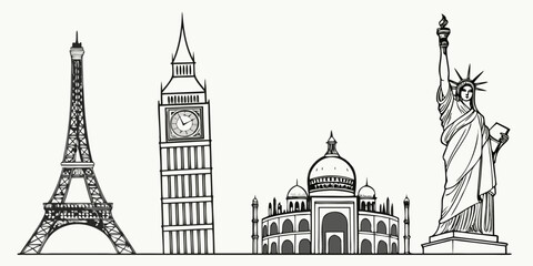 Travel icons montage: eiffel tower big ben taj mahal statue of liberty line art with travel destination cultural heritage famous places travel inspiration landmark architecture © ALEX ROSS