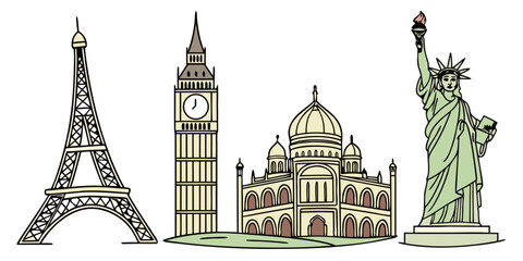Charming colored illustration of travel icons: eiffel tower big ben taj mahal statue of liberty with travel destination cultural heritage line art famous places travel inspiration © ALEX ROSS