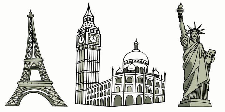 Monochromatic collection of world famous landmarks: eiffel tower big ben taj mahal statue of liberty with travel destination cultural heritage line art famous places travel inspirat