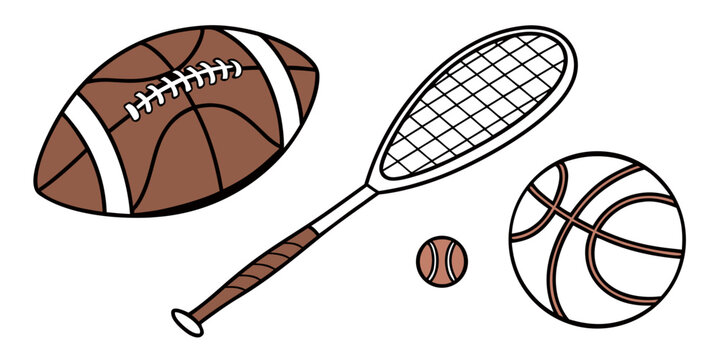 Sports gear illustration featuring a football tennis racket basketball a small tennis ball equipment football basketball activity competition individual athletic outdoors