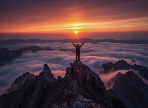 Silhouette of person celebrating summit victory above clouds at sunset