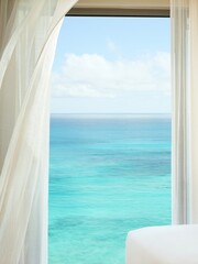Fototapeta premium Dreamy summer vacation view through sheer curtains revealing tranquil turquoise ocean and clear blue sky from an open window in a modern interior setting