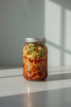 Jar of Homemade Kimchi on Kitchen Counter &ndash; Fermented Food Concept