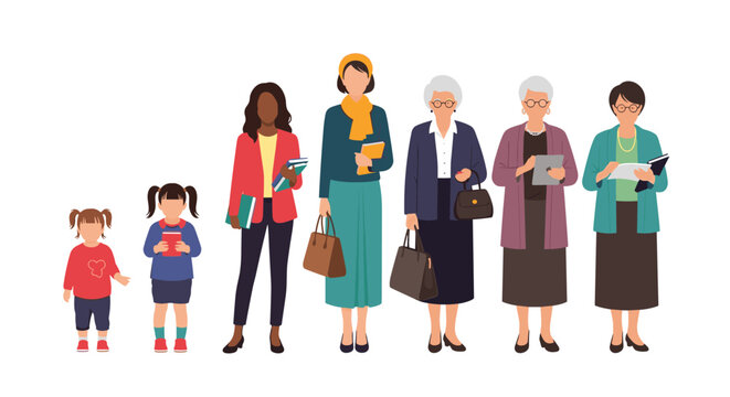 Concept of aging and female life stages showing a progression from childhood to old age through a line of diverse women in various outfits.