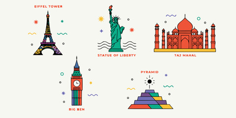 Collection of iconic world landmarks in colorful minimalist graphic style with eiffel tower statue of liberty taj mahal big ben landmarks monuments architecture illustration © ALEX ROSS