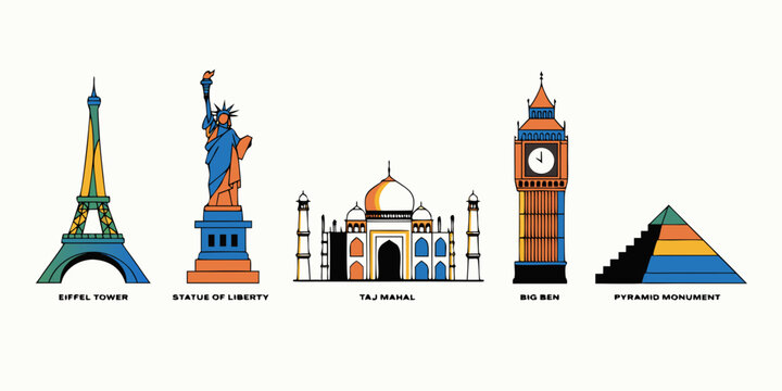 Modern flat illustration set of famous world travel landmarks and architectural monuments with landmark monument architecture historical vacation sightseeing illustration