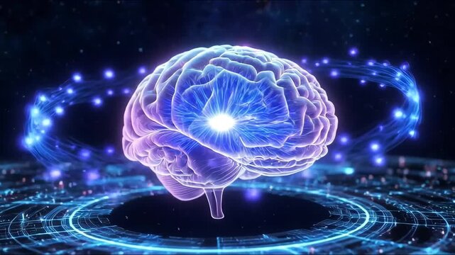 Glowing brain in digital style above luminous circuit background, concept of intelligence and innovation