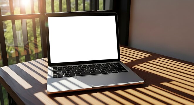Modern laptop with empty mockup screen sitting on a wooden slatted table outdoors. laptop mockup psd