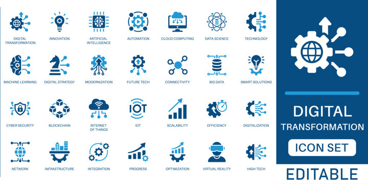 Digital transformation icon set. featuring AI, cloud computing, automation, innovation and technology strategy icons in blue flat design.