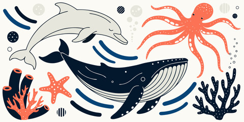Minimalist line art marine life elements set featuring whale dolphin octopus and coral starfish underwater wildlife minimalist nautical creatures illustration elements abstract © ALEX ROSS