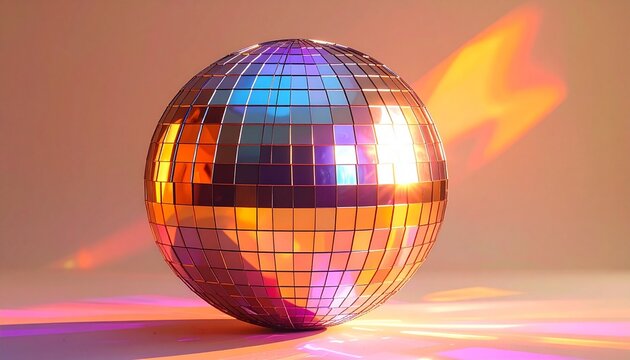 Reflective disco ball with mirror tiles illuminated by colorful lights, glowing orange, purple, pink, and yellow reflections on neutral background.