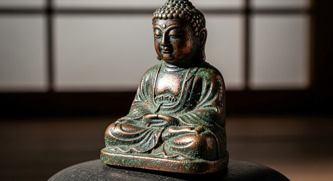 Buddha statue sits serenely on pedestal in dimly lit room with bronze patina