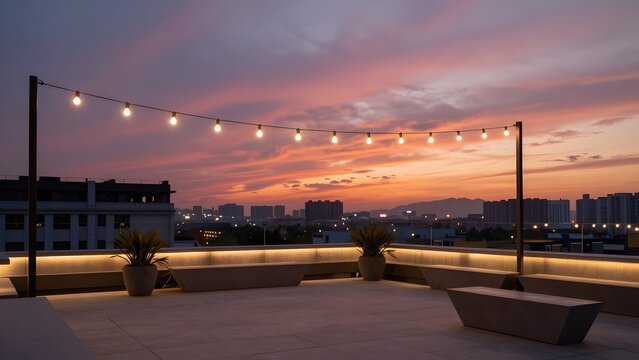 16. A rooftop terrace at sunset in an urban setting where the warm magenta and orange hues of the sky surround the scene while modern warm-white LED string lights define the space overhead, bokeh city