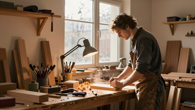 19. A woodworker's studio at afternoon where dusty golden sunlight enters a high clerestory window and mingles with the practical warm tungsten glow of a clamp light over a workbench covered in hand t