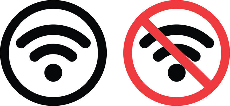 WiFi signal icons set, minimalist vector graphics of wireless signals with optional &ldquo;no WiFi&rdquo; symbol for network status indicators and digital interface design.