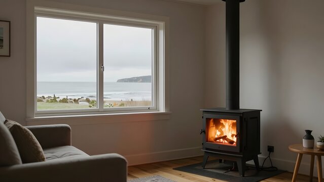58. A coastal cottage living room on an overcast afternoon where soft grey diffused daylight from a low window blends with the warm amber crackle of a cast iron wood stove, creating a calm and intimat