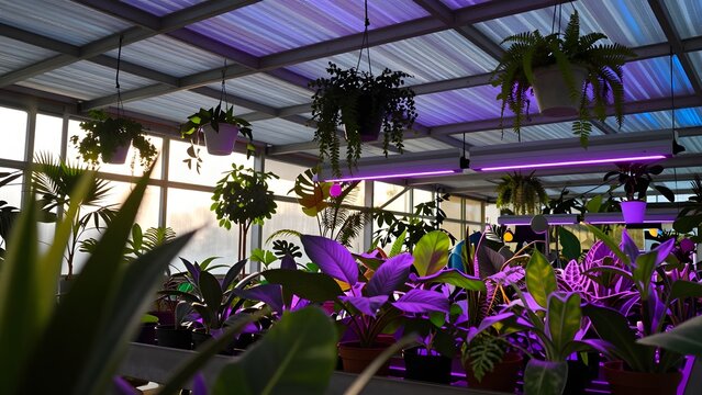 55. A plant nursery interior at midday where rich warm sunlight enters through polycarbonate roof panels and blends with the soft purple and blue of grow lights over hanging plants, botanical and life