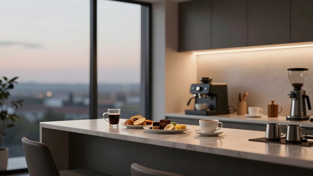 64. A modern breakfast bar at early morning where the cool pale grey of predawn sky through a window blends with the cozy warm glow of under-cabinet LED strip lighting, morning coffee ritual, lifestyl