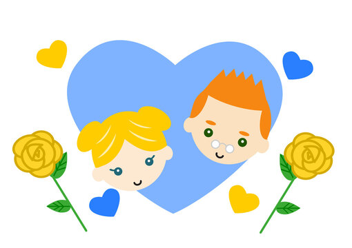 父の日 黄色いバラ　ハートの中の白人の父娘 笑顔 イラスト
