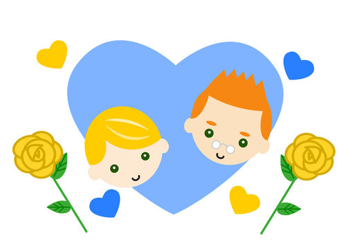 父の日 黄色いバラ　ハートフレームと白人のお父さんと男の子 笑顔 イラスト