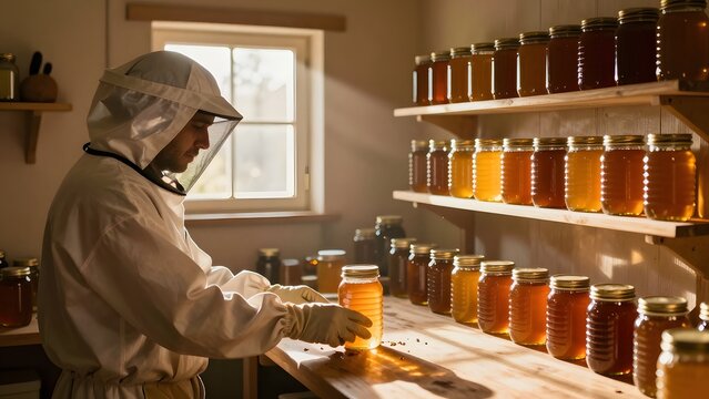89. A beekeeper's workshop at afternoon where rich warm golden sunlight flows through a small window and fills the room with amber tones matching the color of honey in glass jars on the shelf, artisan