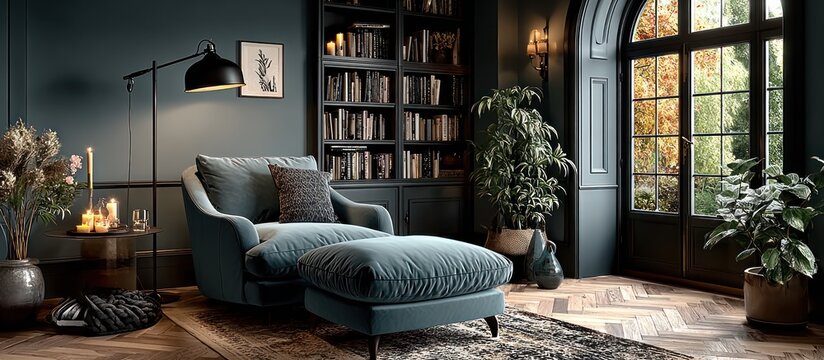 Cozy reading nook with armchair, ottoman, lamp, bookshelf, and window
